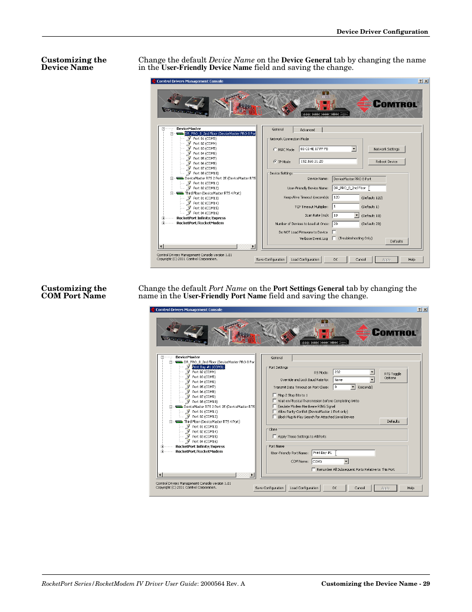 Customizing the device name, Customizing the com port name | Comtrol Rocket Port User Manual | Page 25 / 66