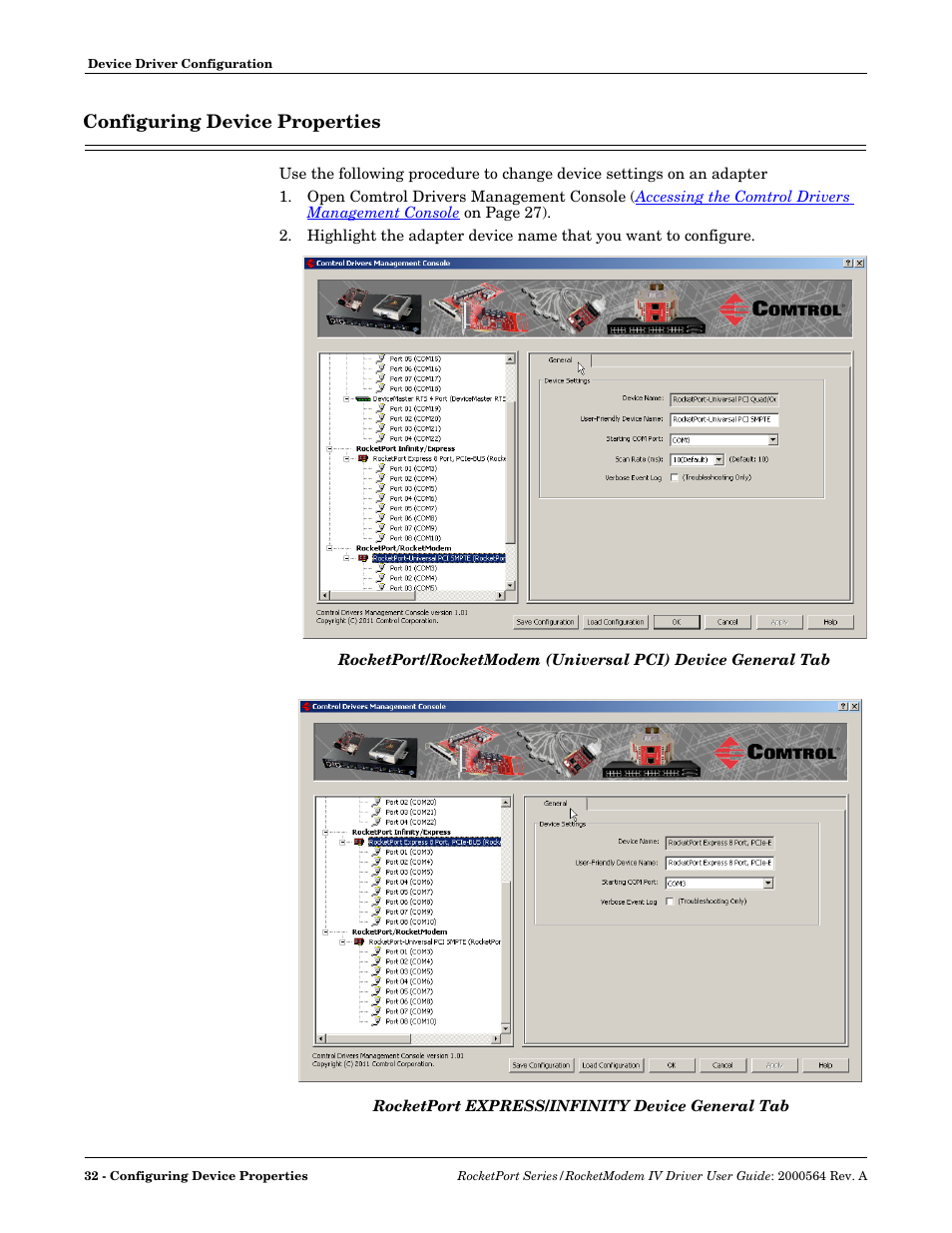 Configuring device properties | Comtrol Rocket Port User Manual | Page 28 / 66