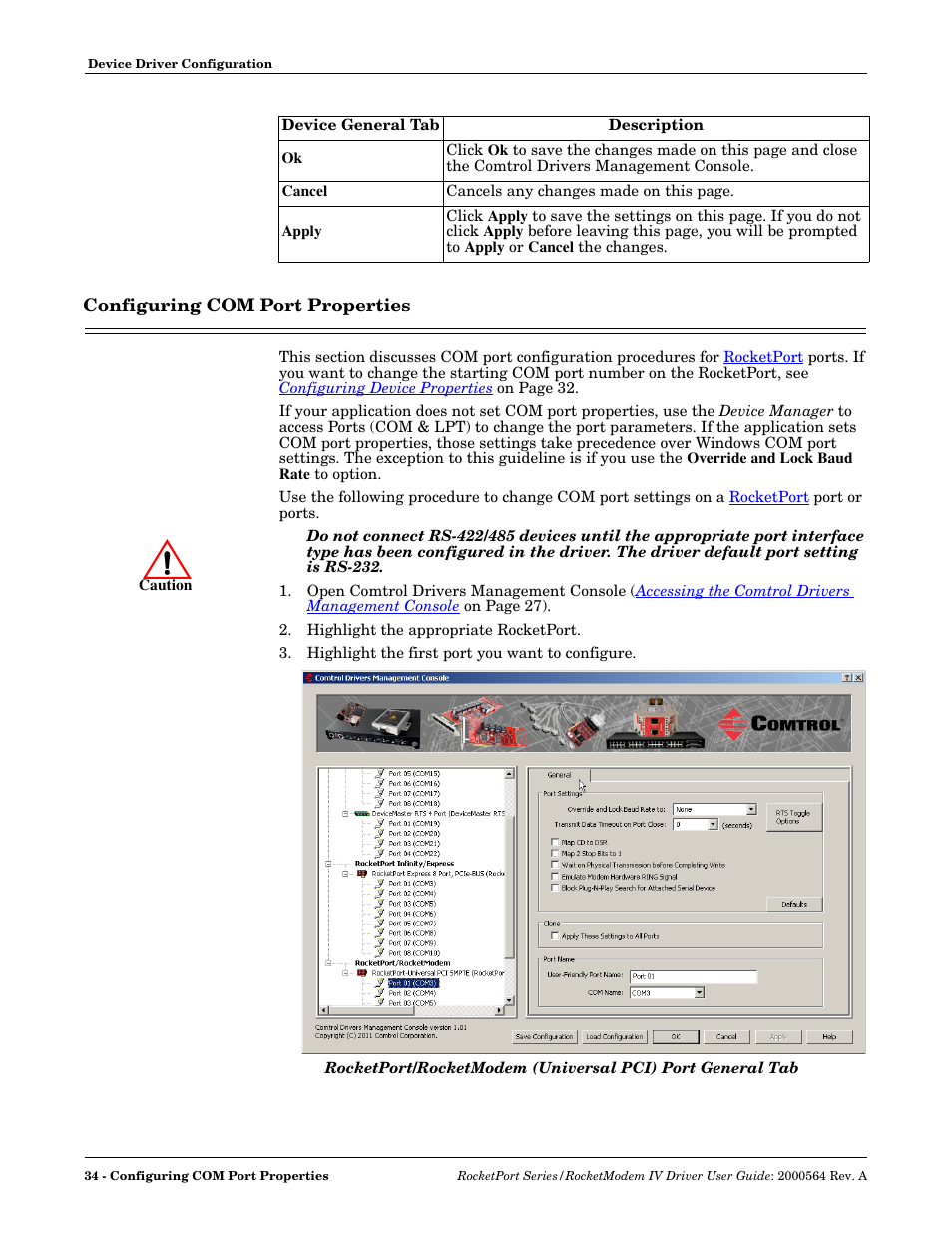 Configuring com port properties, O to, Go to | Comtrol Rocket Port User Manual | Page 30 / 66
