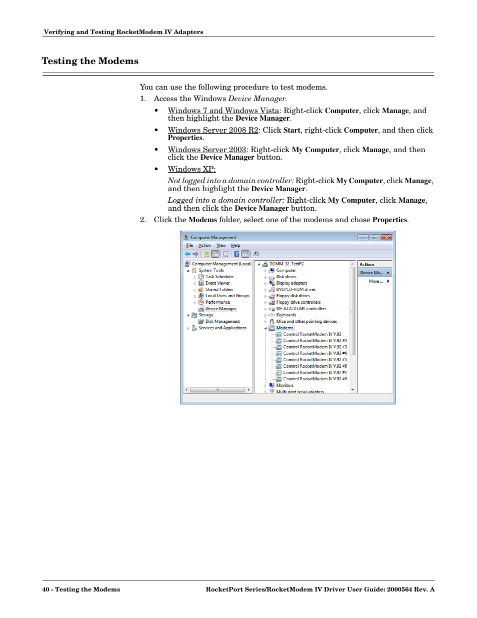 Testing the modems | Comtrol Rocket Port User Manual | Page 40 / 66