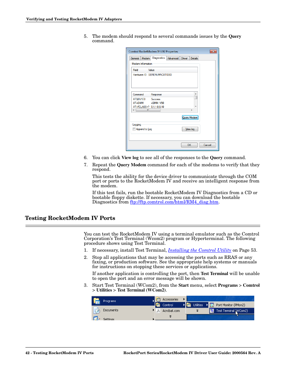 Testing rocketmodem iv ports | Comtrol Rocket Port User Manual | Page 42 / 66