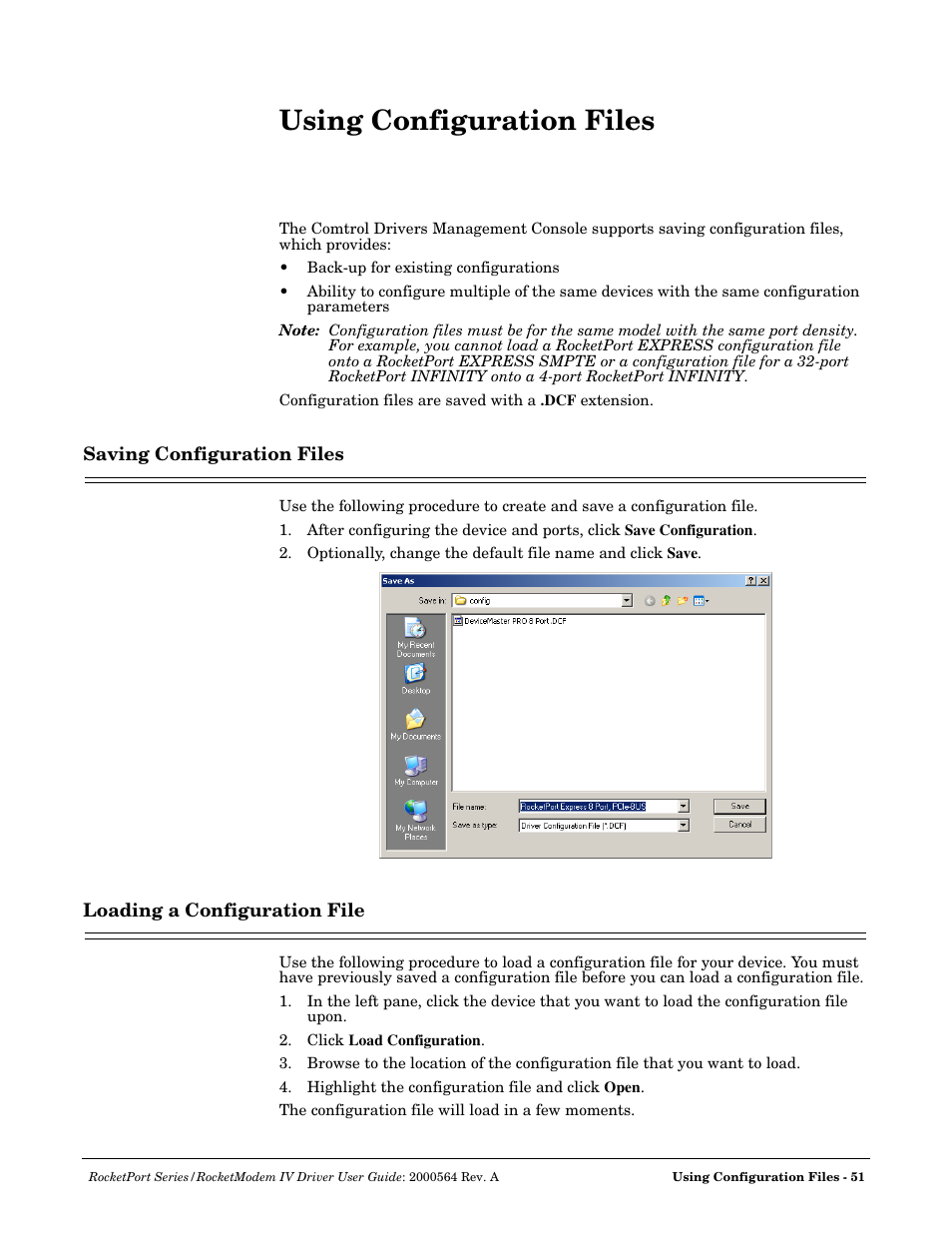 Using configuration files, Saving configuration files, Loading a configuration file | Save configuration, Load configuration | Comtrol Rocket Port User Manual | Page 45 / 66