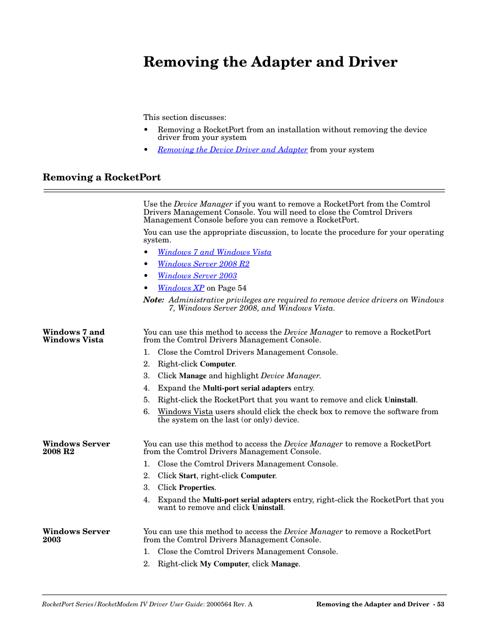 Removing the adapter and driver, Removing a rocketport, Windows 7 and windows vista | Windows server 2008 r2, Windows server 2003 | Comtrol Rocket Port User Manual | Page 47 / 66