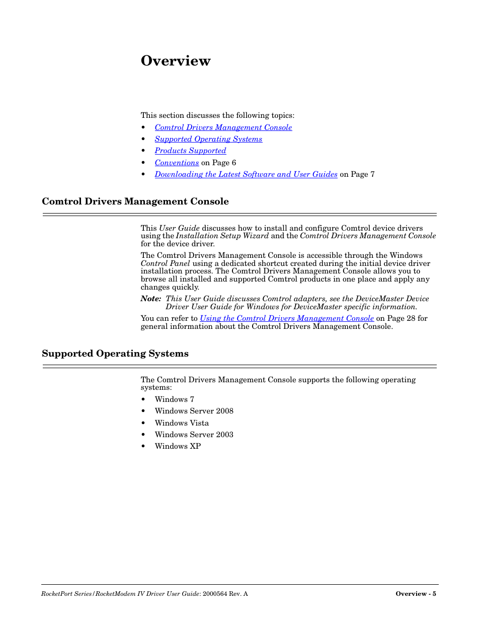 Overview, Comtrol drivers management console, Supported operating systems | Comtrol Rocket Port User Manual | Page 5 / 66