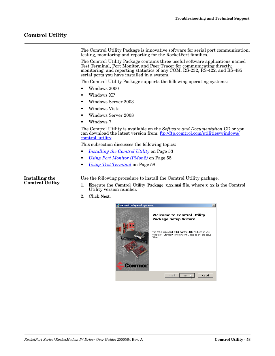 Comtrol utility, Installing the comtrol utility | Comtrol Rocket Port User Manual | Page 53 / 66