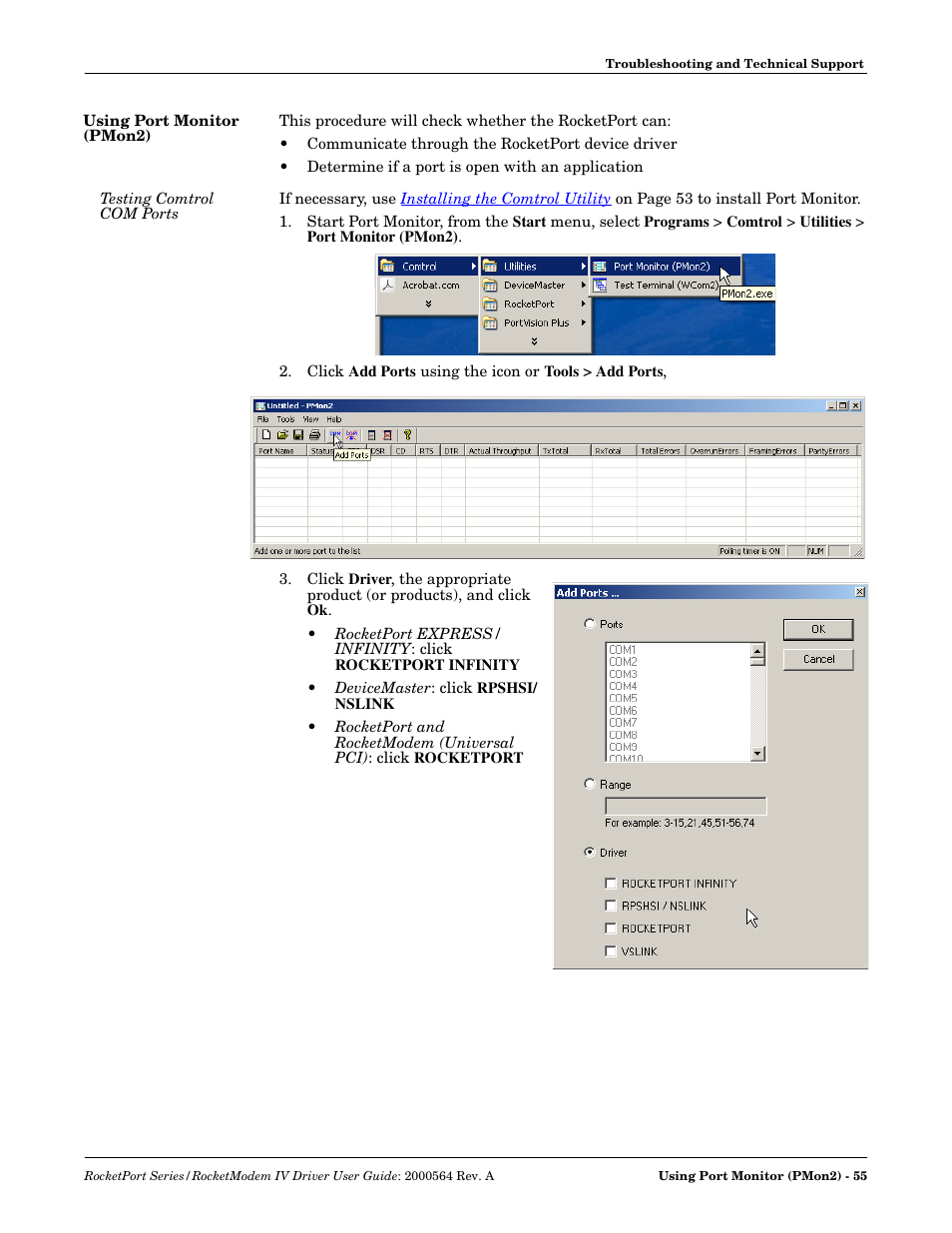 Using port monitor (pmon2), Testing comtrol com ports, Go to | Using port monitor, Pmon2) | Comtrol Rocket Port User Manual | Page 55 / 66