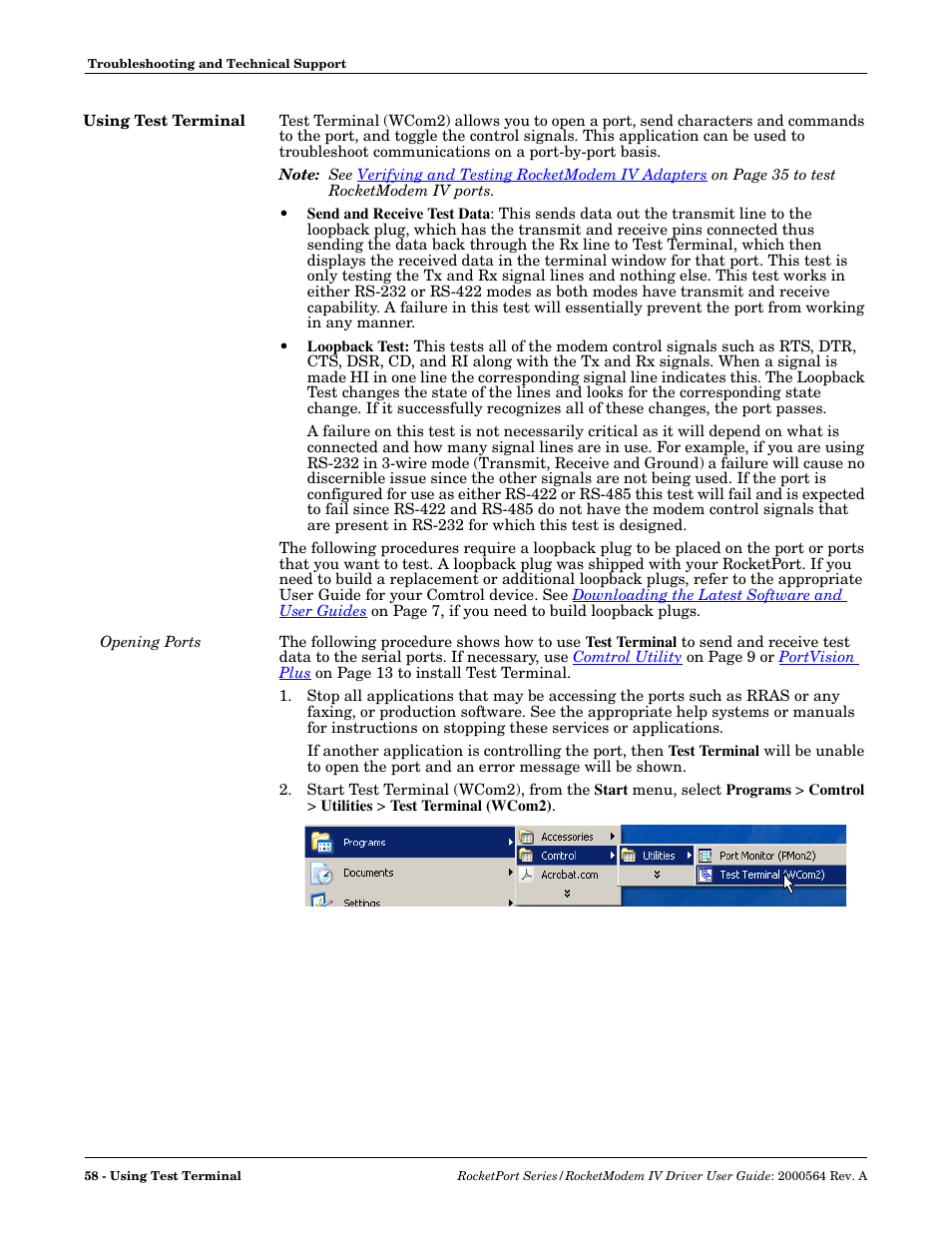 Using test terminal, Opening ports | Comtrol Rocket Port User Manual | Page 58 / 66