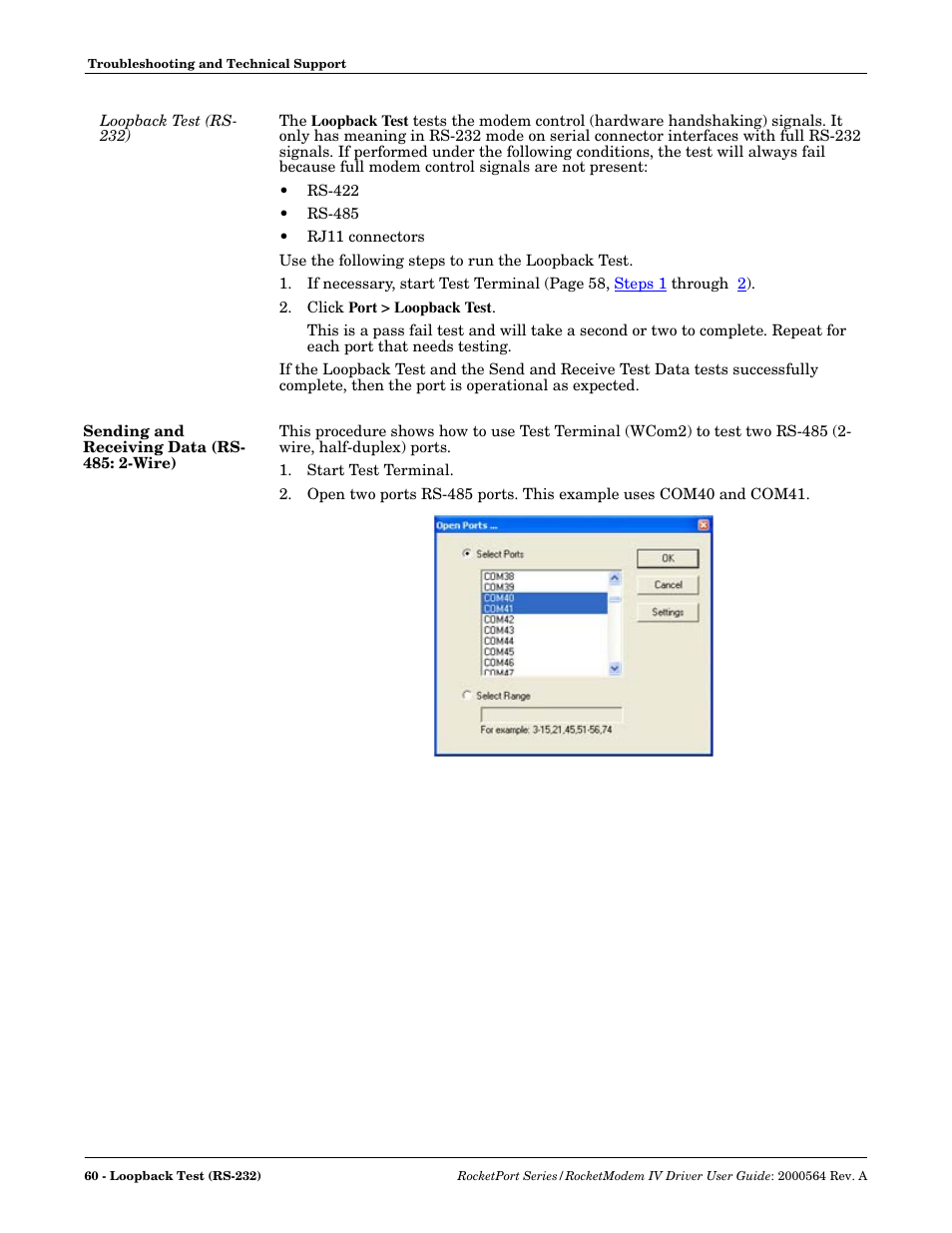 Loopback test (rs- 232), Sending and receiving data (rs- 485: 2-wire), Loopback test (rs-232) | Sending and receiving data (rs-485: 2-wire) | Comtrol Rocket Port User Manual | Page 60 / 66