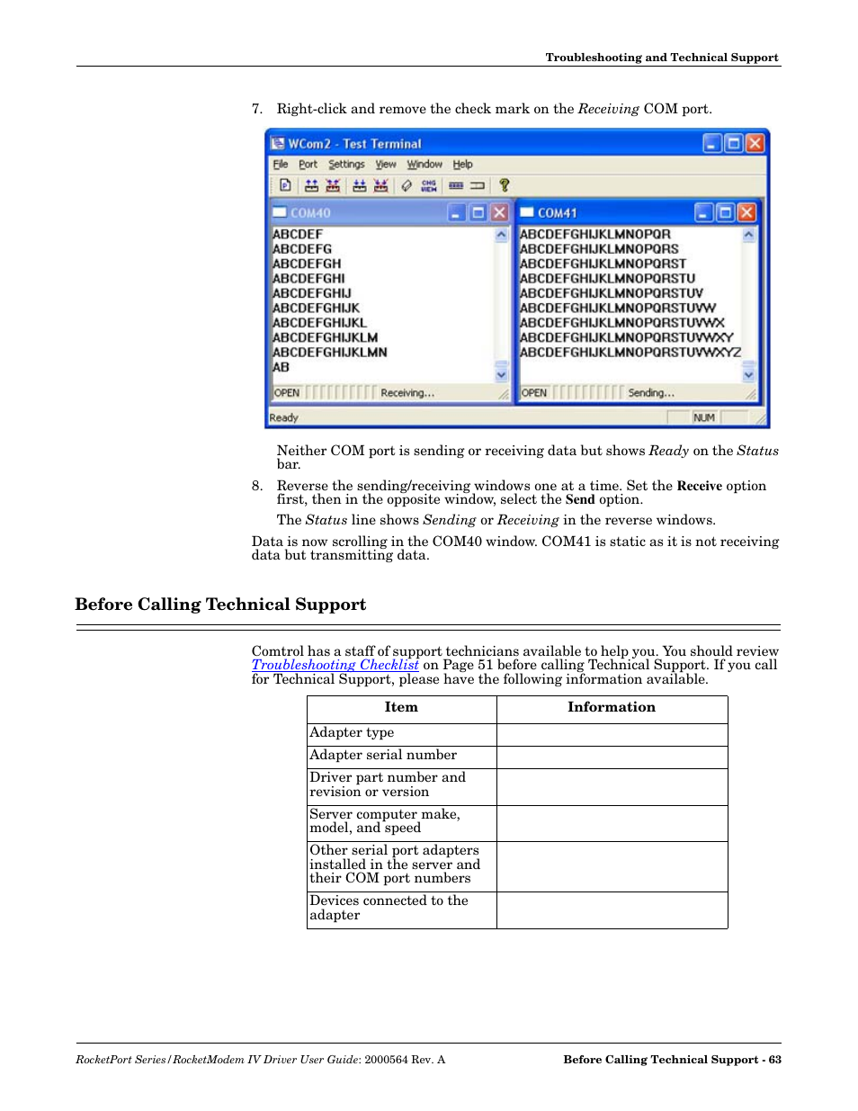 Before calling technical support | Comtrol Rocket Port User Manual | Page 63 / 66