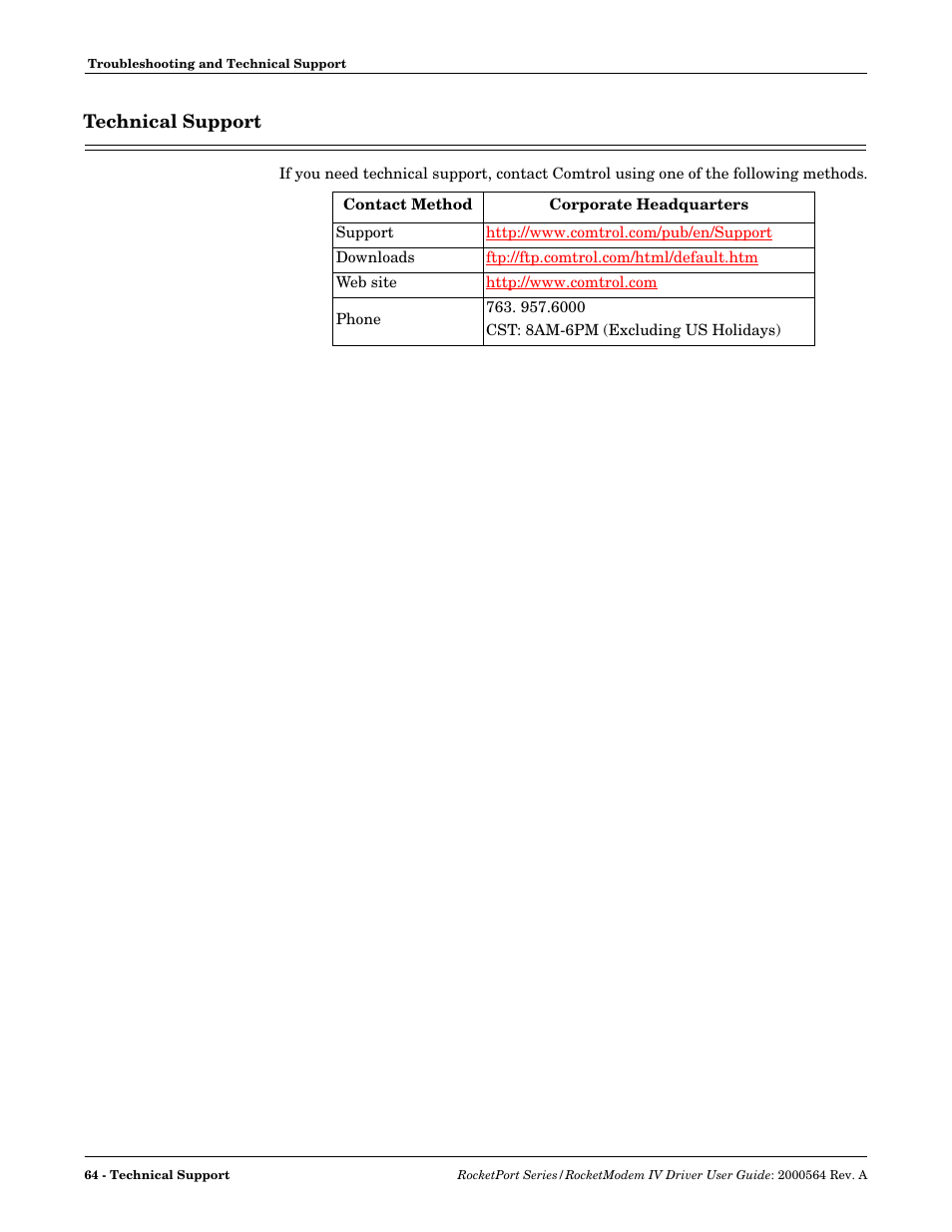 Technical support, St customer problems reported to, Are traced to | Comtrol Rocket Port User Manual | Page 64 / 66