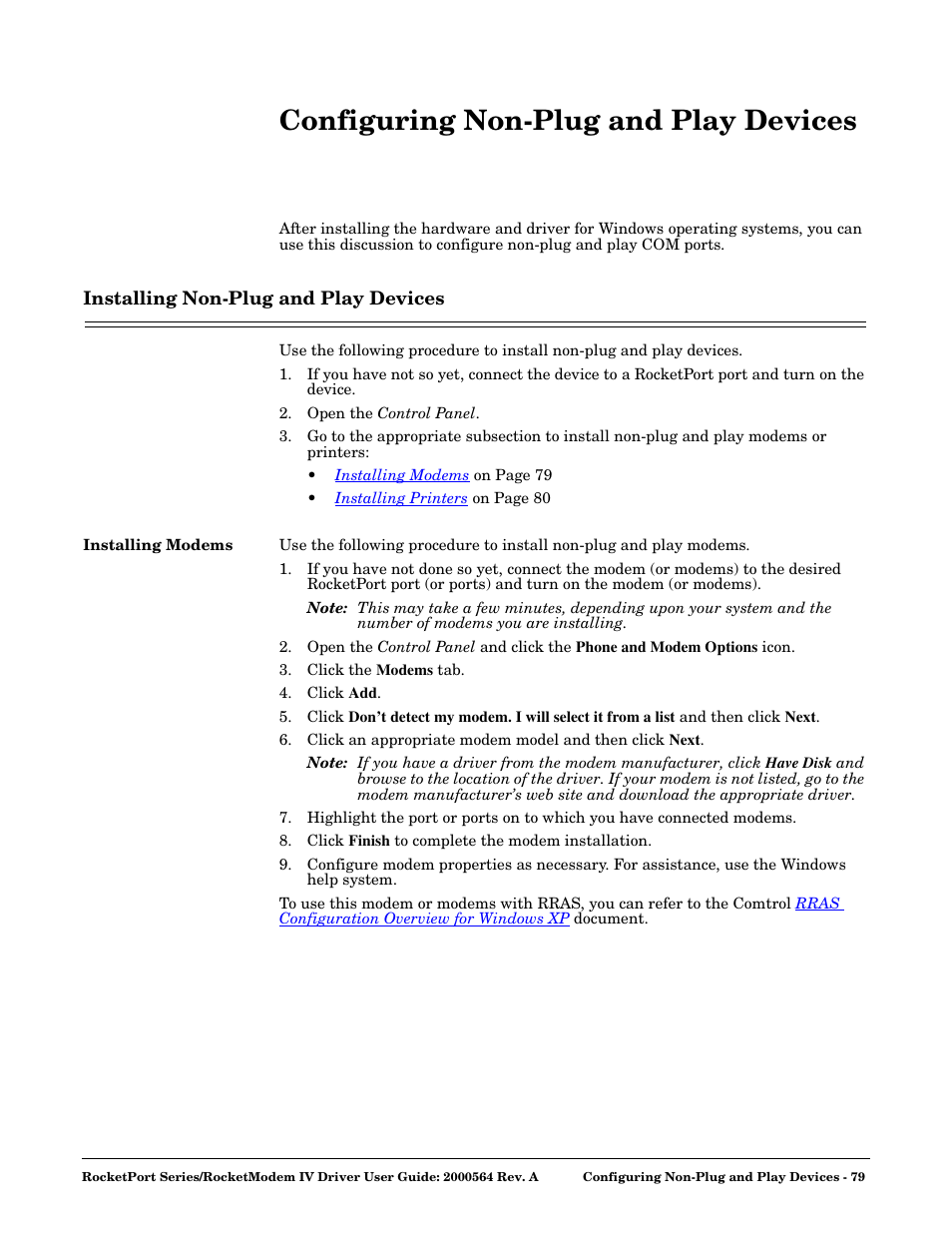 Configuring non-plug and play devices, Installing non-plug and play devices, Installing modems | Comtrol Rocket Port User Manual | Page 65 / 66