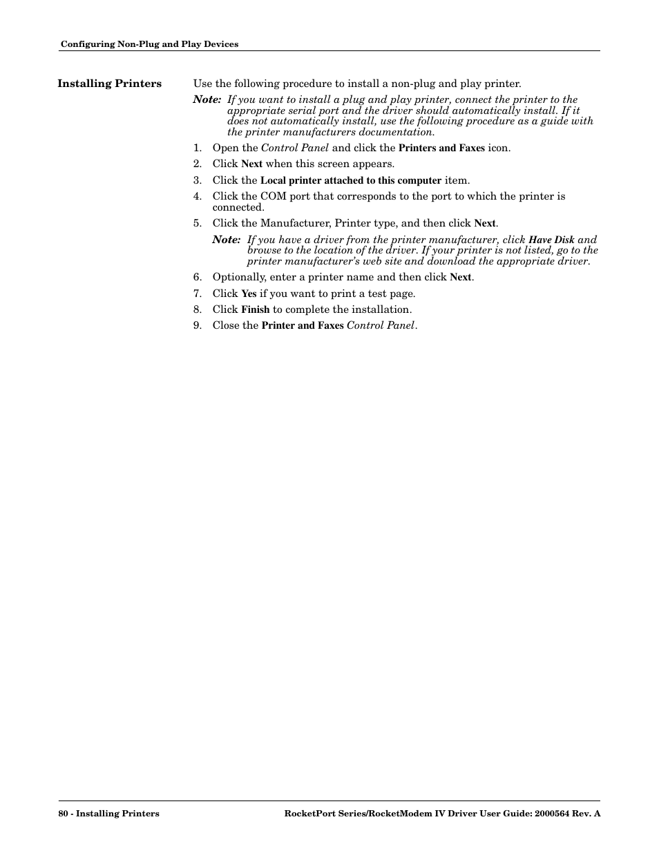 Installing printers | Comtrol Rocket Port User Manual | Page 66 / 66