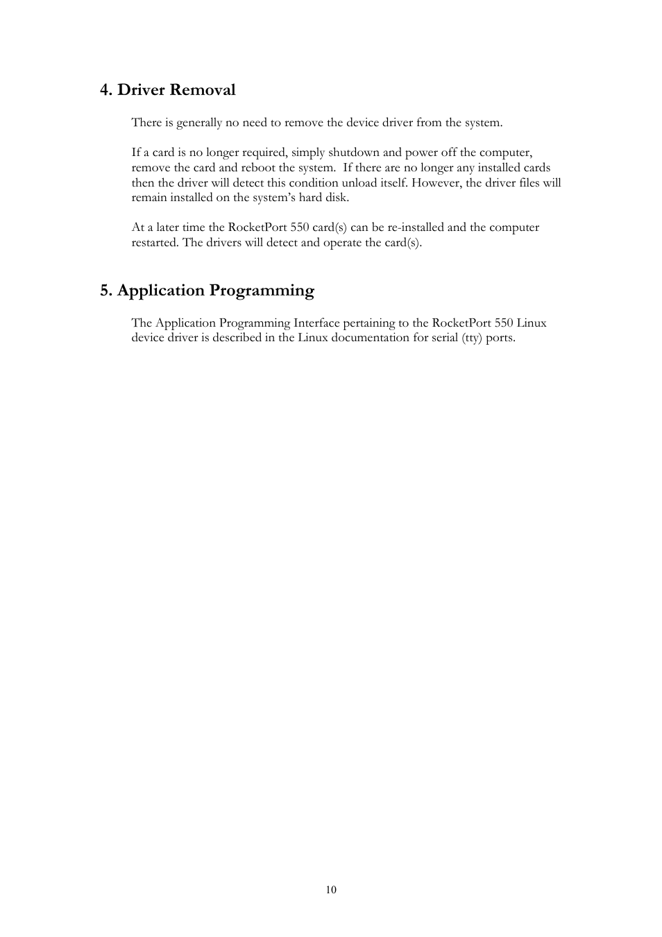 Driver removal, Application programming | Comtrol RocketPort 550 uPCI Linux User Manual | Page 10 / 22