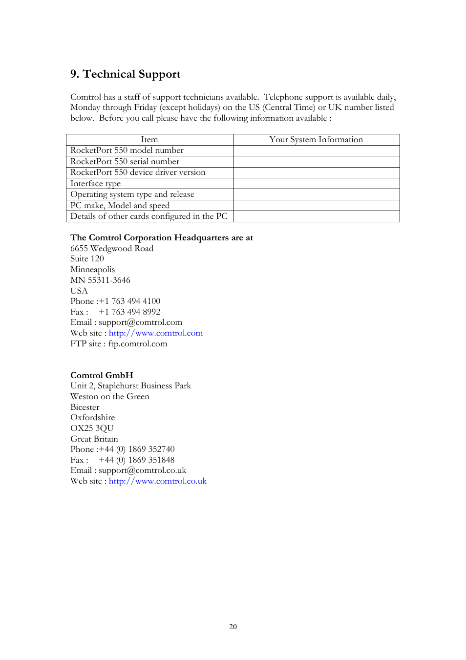 Technical support | Comtrol RocketPort 550 uPCI Linux User Manual | Page 20 / 22