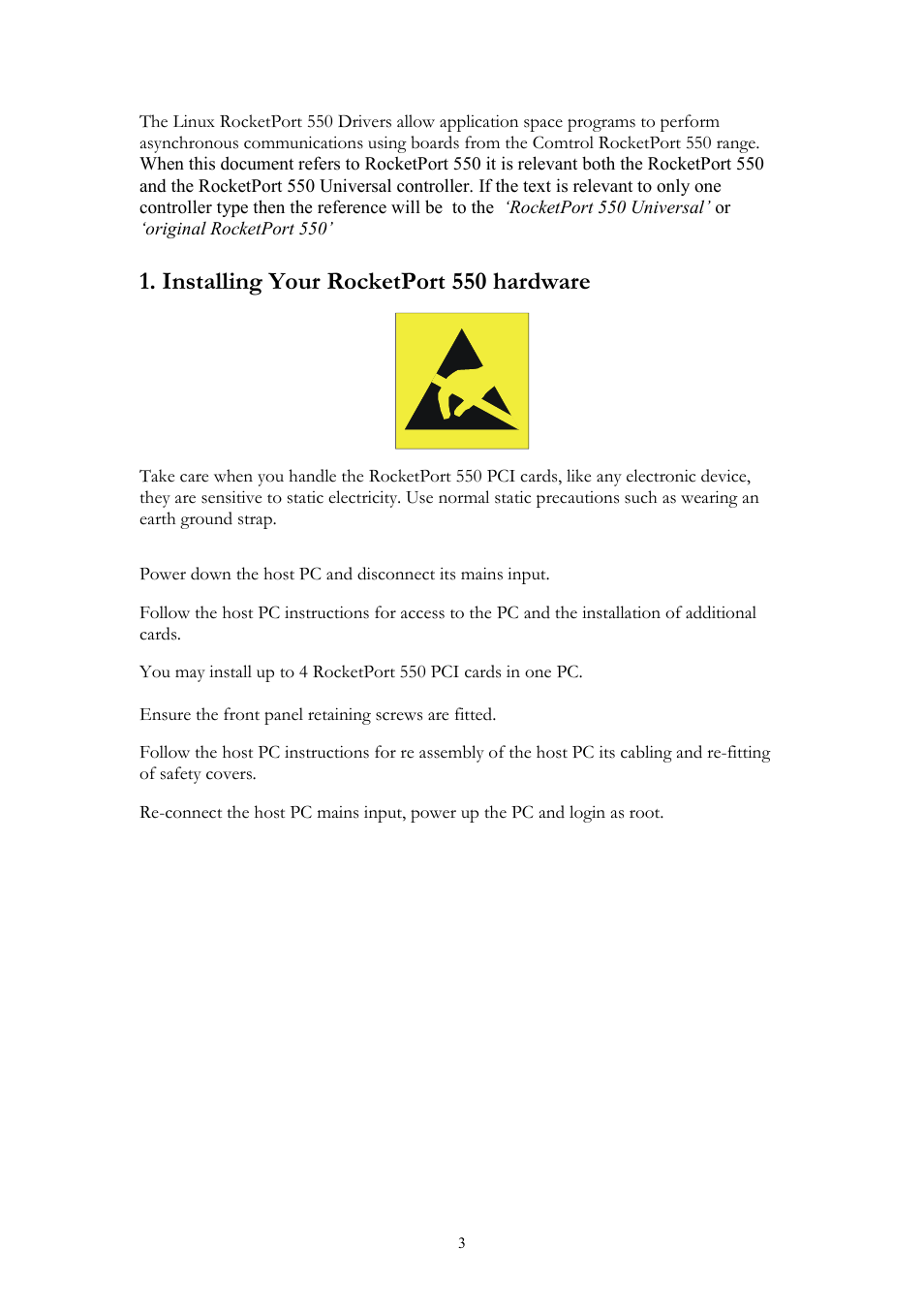 Installing your rocketport 550 hardware | Comtrol RocketPort 550 uPCI Linux User Manual | Page 3 / 22