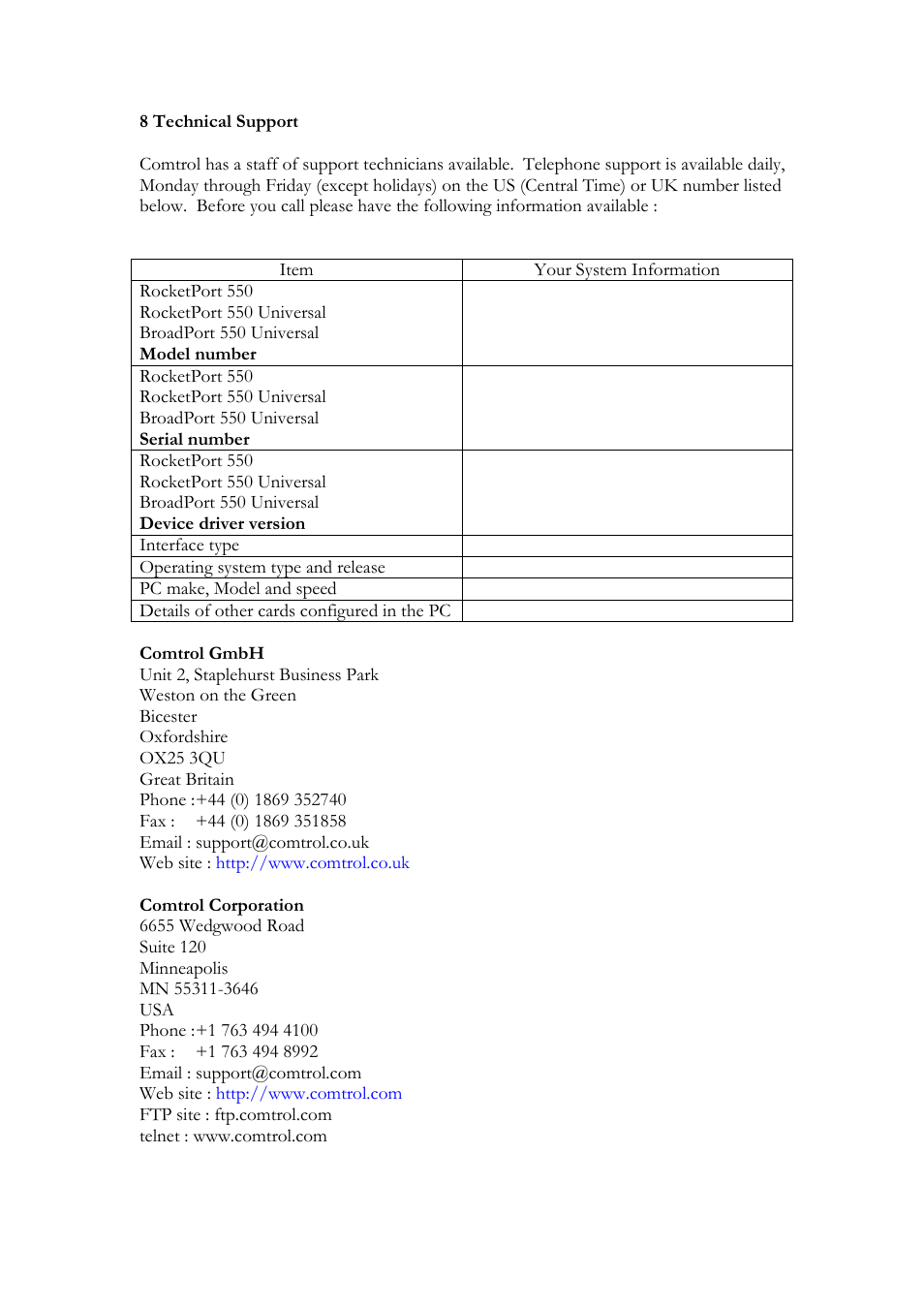 8 technical support | Comtrol RocketPort 550 uPCI MS-DOS User Manual | Page 15 / 18