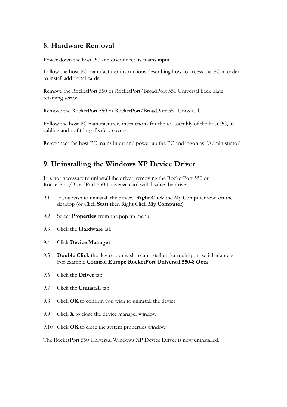 Hardware removal, Uninstalling the windows xp device driver | Comtrol RocketPort 550 uPCI Windows XP User Manual | Page 11 / 26