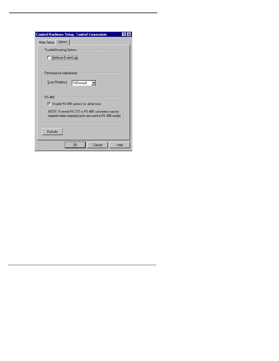 Click the options tab (under the main setup tab), Optionally, click the checkbox to enable rs-485, Click the ok button | Click the ok button on the main setup screen | Comtrol RocketPort Serial Hub Series User Manual | Page 38 / 88