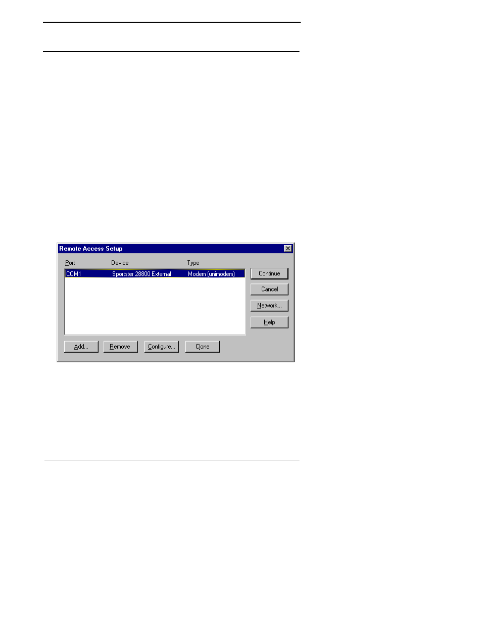 If windows nt 4.0, select the services tab, The remote access setup window displays, Adding or reconfiguring a ras device | Comtrol RocketPort Serial Hub Series User Manual | Page 53 / 88