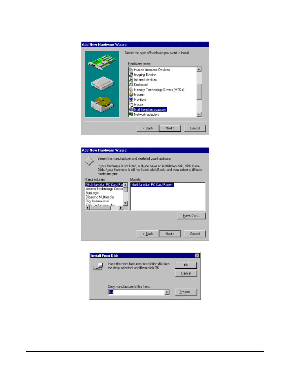 Highlight multi-function adapters and select next, Select the have disk button, Select the browse button | Comtrol RPSH Windows 95/98 User Manual | Page 6 / 22