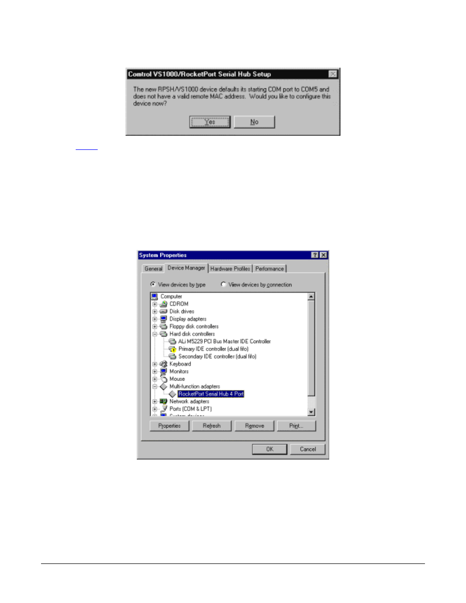 Select yes when this message appears, Configuring the device, Select the device manager tab | Double-click on multi-function adapters | Comtrol RPSH Windows 95/98 User Manual | Page 9 / 22