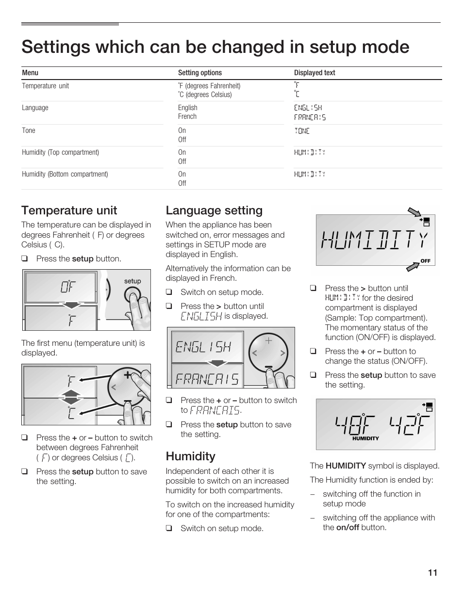 Settings which can be changed in setup mode, Temperature unit, Language setting | Humidity | Bosch B24IW User Manual | Page 10 / 60