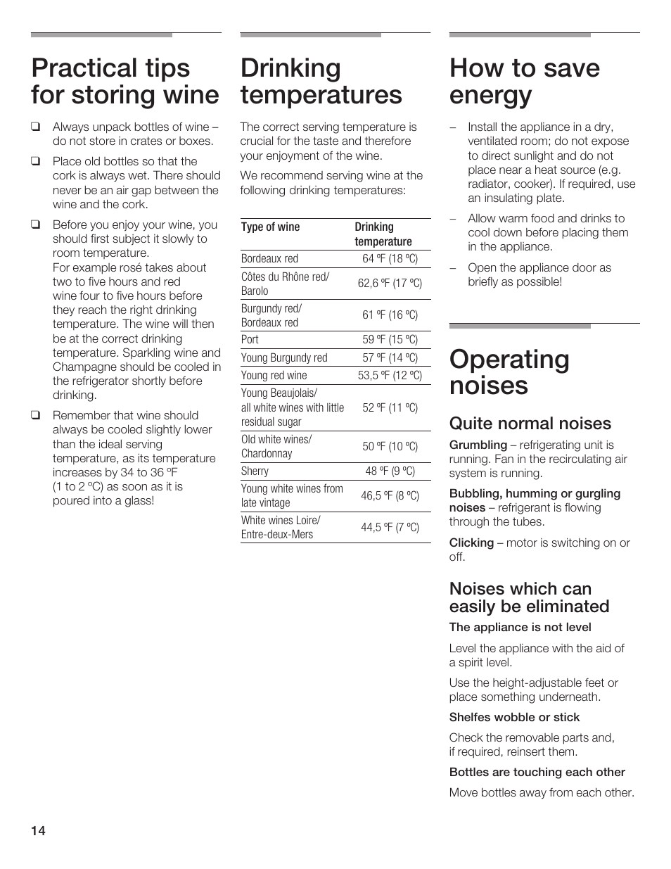 Practical tips for storing wine, Drinking temperatures, How to save energy | Operating noises, Quite normal noises, Noises which can easily be eliminated | Bosch B24IW User Manual | Page 13 / 60