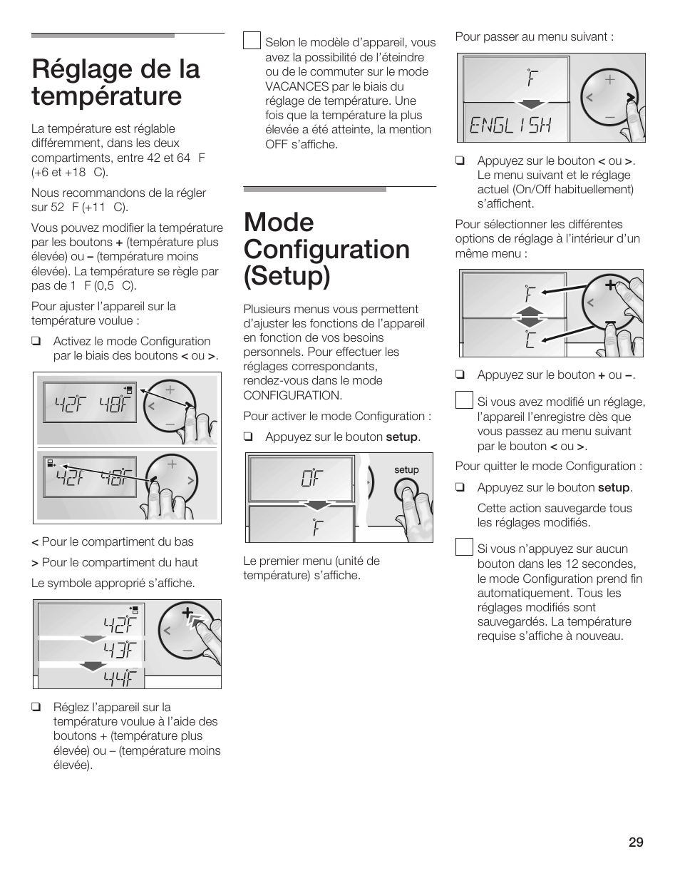 Réglage de la température, Mode configuration (setup) | Bosch B24IW User Manual | Page 28 / 60