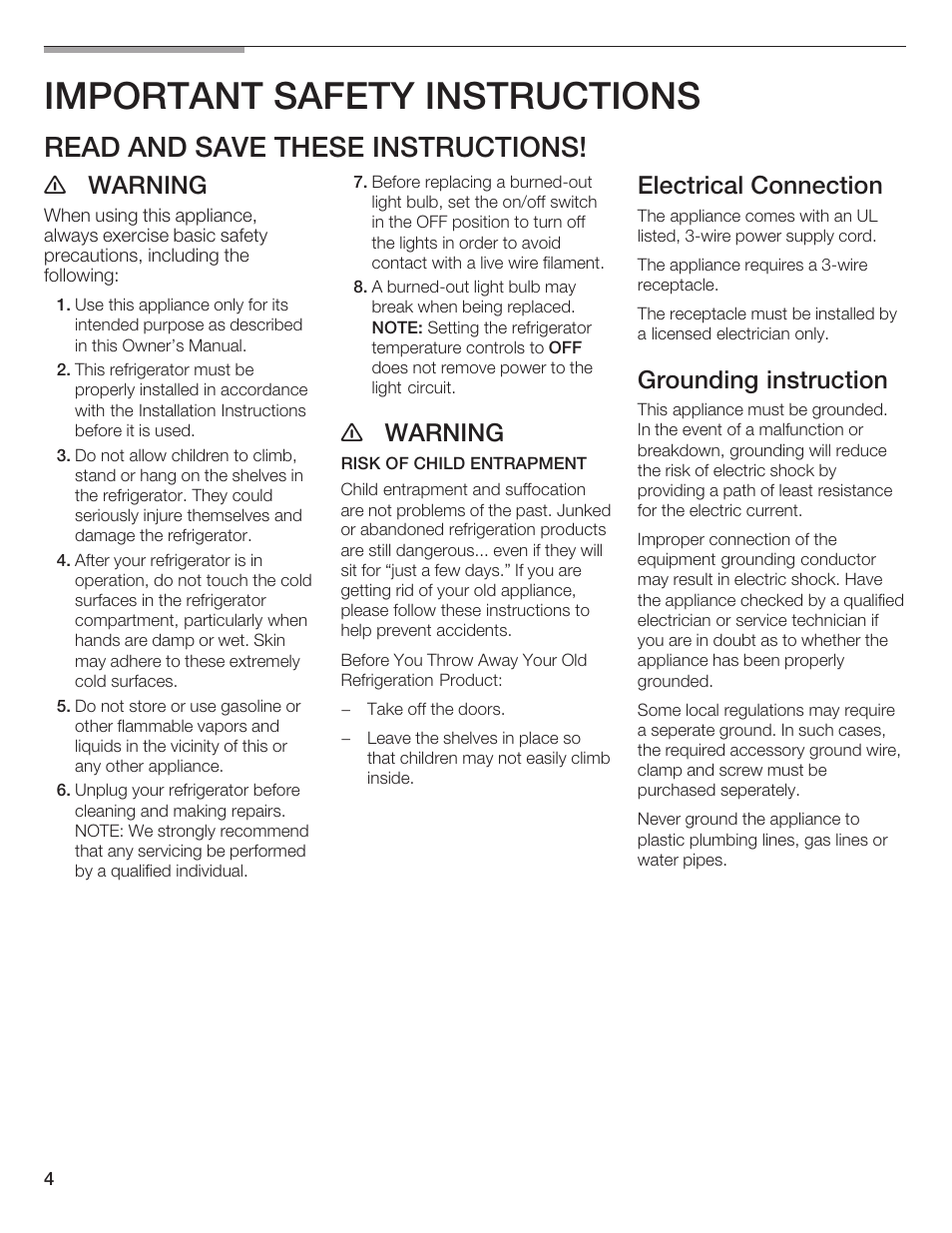 Important safety instructions, Read and save these instructions, E warning | Electrical connection, Grounding instruction | Bosch B24IW User Manual | Page 3 / 60