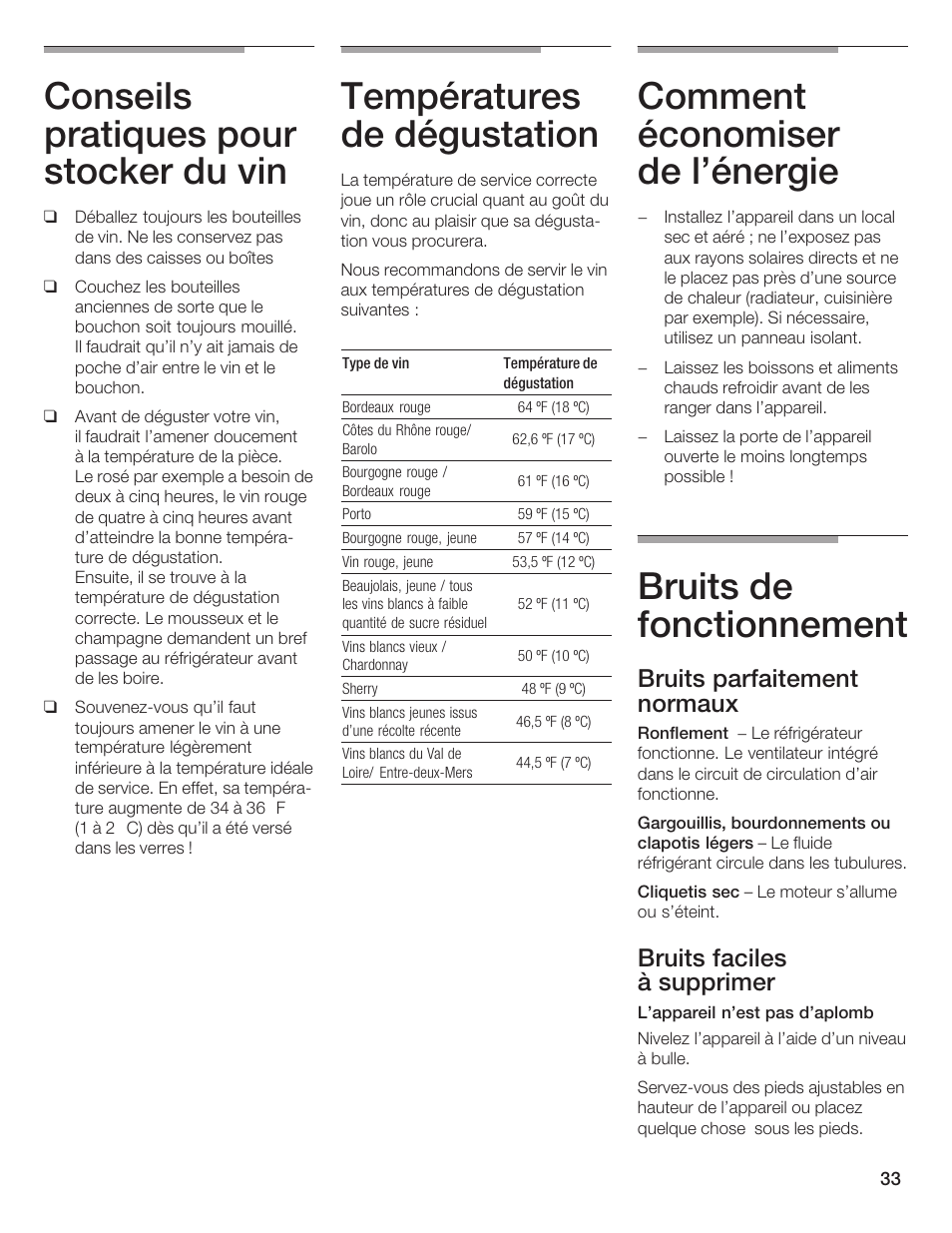 Conseils pratiques pour stocker du vin, Températures de dégustation, Comment économiser de l'énergie | Bruits de fonctionnement, Bruits parfaitement normaux, Bruits faciles à supprimer | Bosch B24IW User Manual | Page 32 / 60