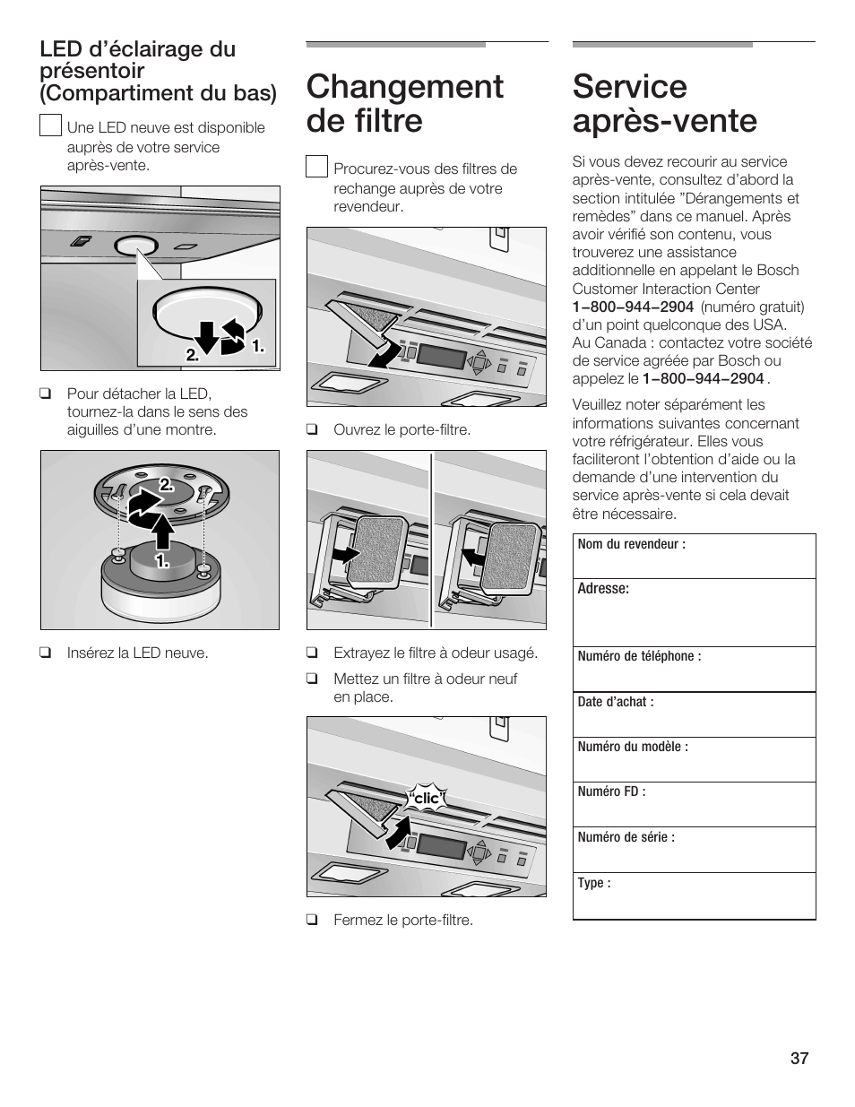 Changement de filtre, Service aprèsćvente | Bosch B24IW User Manual | Page 36 / 60