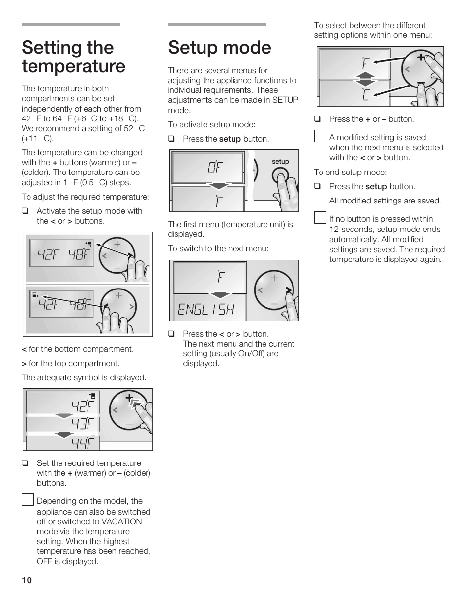 Setting the temperature, Setup mode | Bosch B24IW User Manual | Page 9 / 60