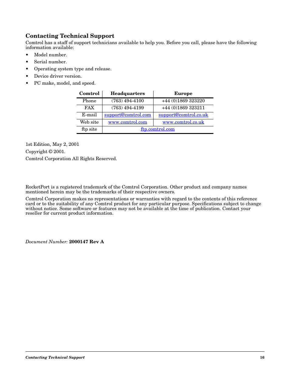 Contacting technical support, Contact technical support | Comtrol RocketPort USB Serial or Modem Hub Driver Installation with Windows 2000 User Manual | Page 16 / 16