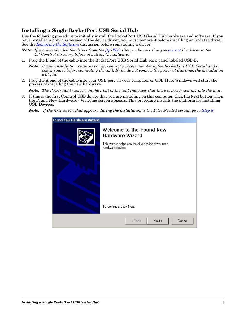 Installing a single rocketport usb serial hub, Install a single rocketport usb serial hub | Comtrol RocketPort USB Serial or Modem Hub Driver Installation with Windows 2000 User Manual | Page 3 / 16