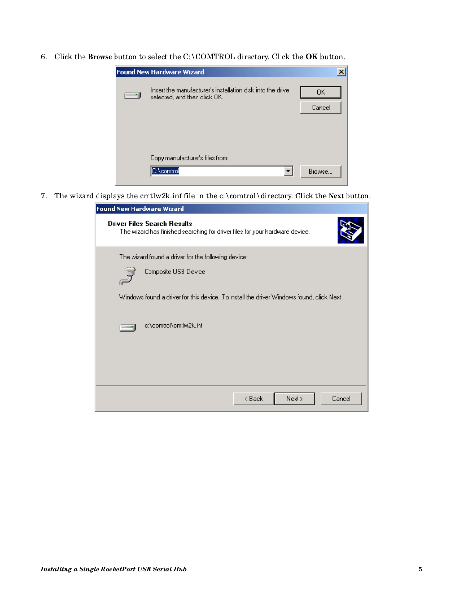Comtrol RocketPort USB Serial or Modem Hub Driver Installation with Windows 2000 User Manual | Page 5 / 16
