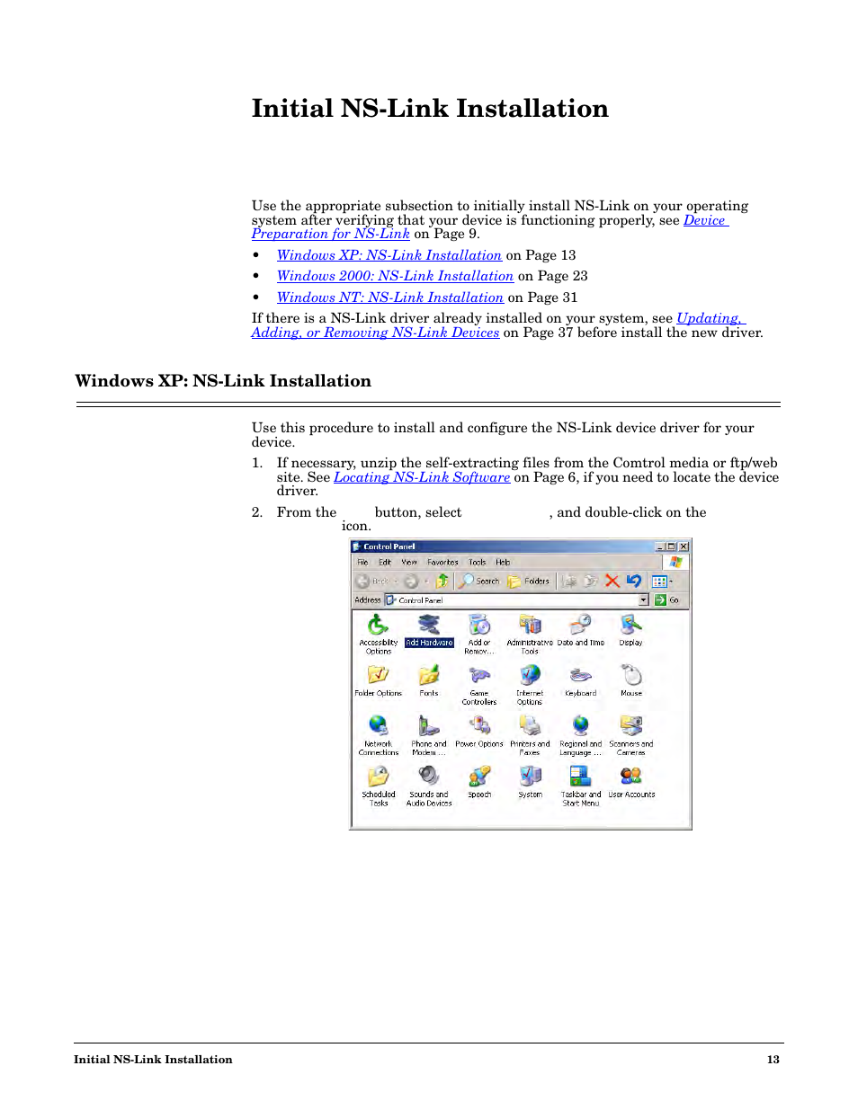 Initial ns-link installation, Windows xp: ns-link installation | Comtrol NS-link Windows NT User Manual | Page 13 / 100