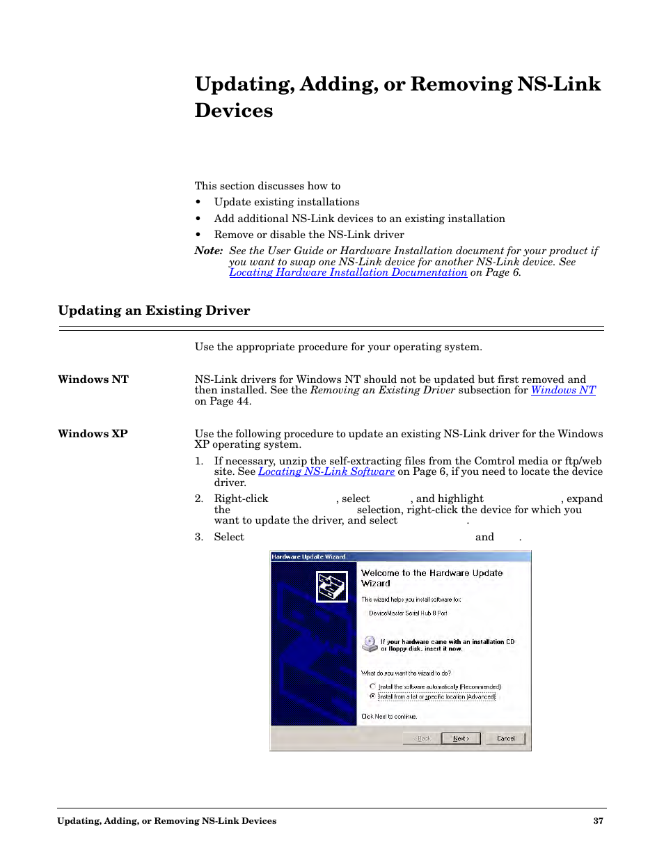 Updating, adding, or removing ns-link devices, Updating an existing driver, Windows nt | Windows xp, Windows nt windows xp, Updating, Adding, or removing ns-link devices | Comtrol NS-link Windows NT User Manual | Page 37 / 100