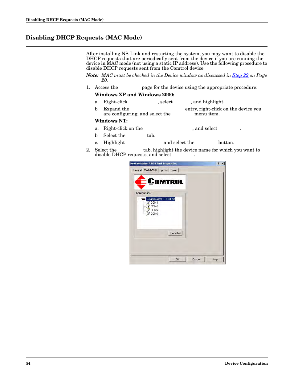 Disabling dhcp requests (mac mode), Disabling, Dhcp requests (mac mode) | Comtrol NS-link Windows NT User Manual | Page 54 / 100