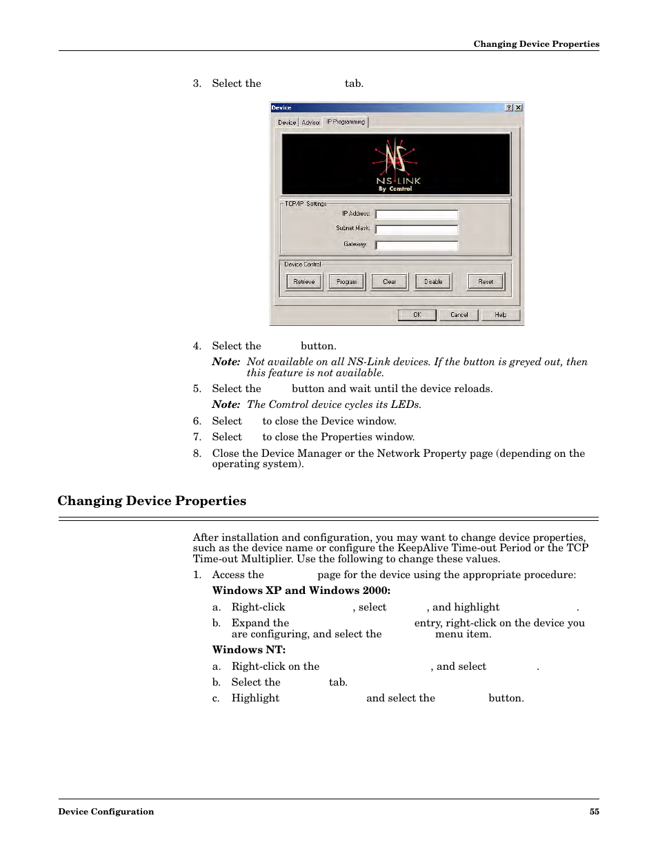 Changing device properties | Comtrol NS-link Windows NT User Manual | Page 55 / 100