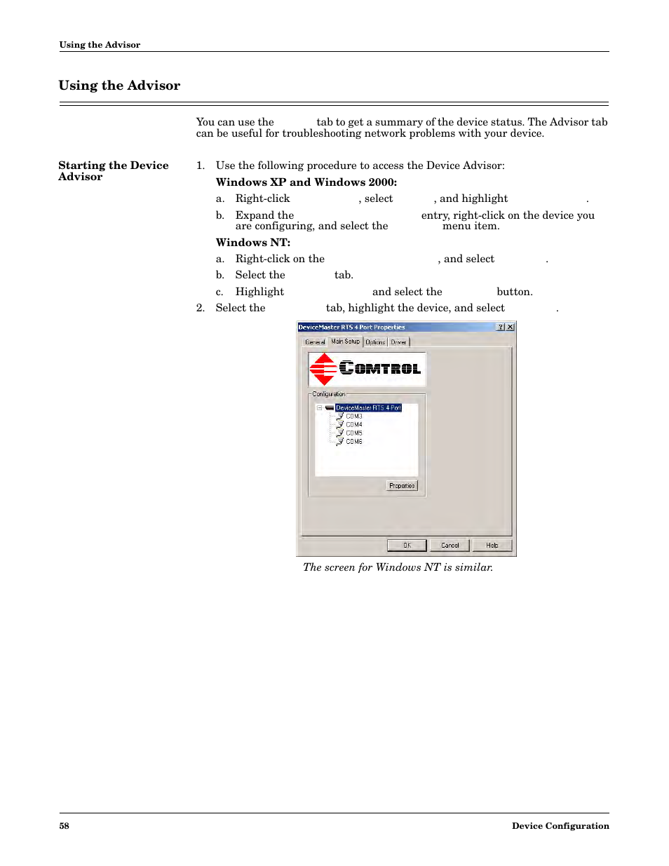 Using the advisor, Starting the device advisor | Comtrol NS-link Windows NT User Manual | Page 58 / 100