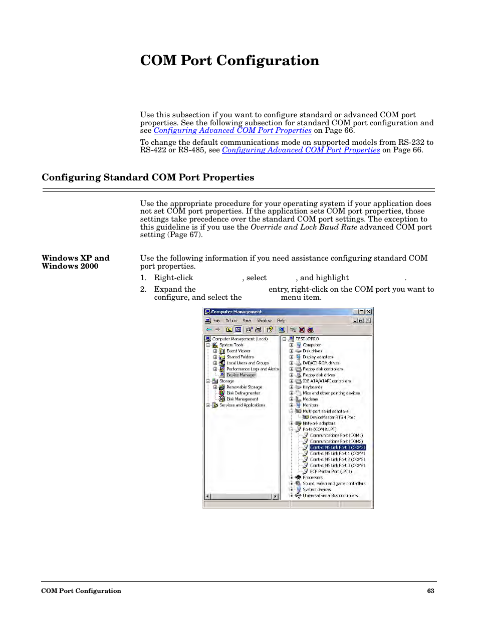 Com port configuration, Configuring standard com port properties, Windows xp and windows 2000 | Com port, Configuration | Comtrol NS-link Windows NT User Manual | Page 63 / 100