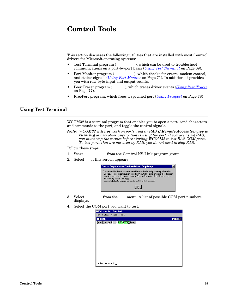 Comtrol tools, Using test terminal | Comtrol NS-link Windows NT User Manual | Page 69 / 100