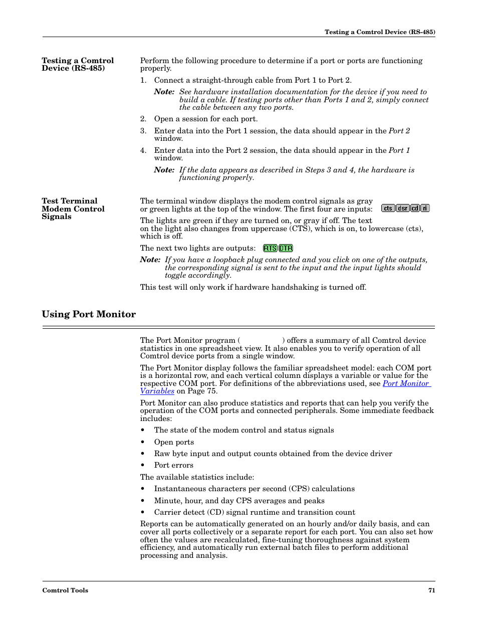 Testing a comtrol device (rs-485), Test terminal modem control signals, Using port monitor | Comtrol NS-link Windows NT User Manual | Page 71 / 100