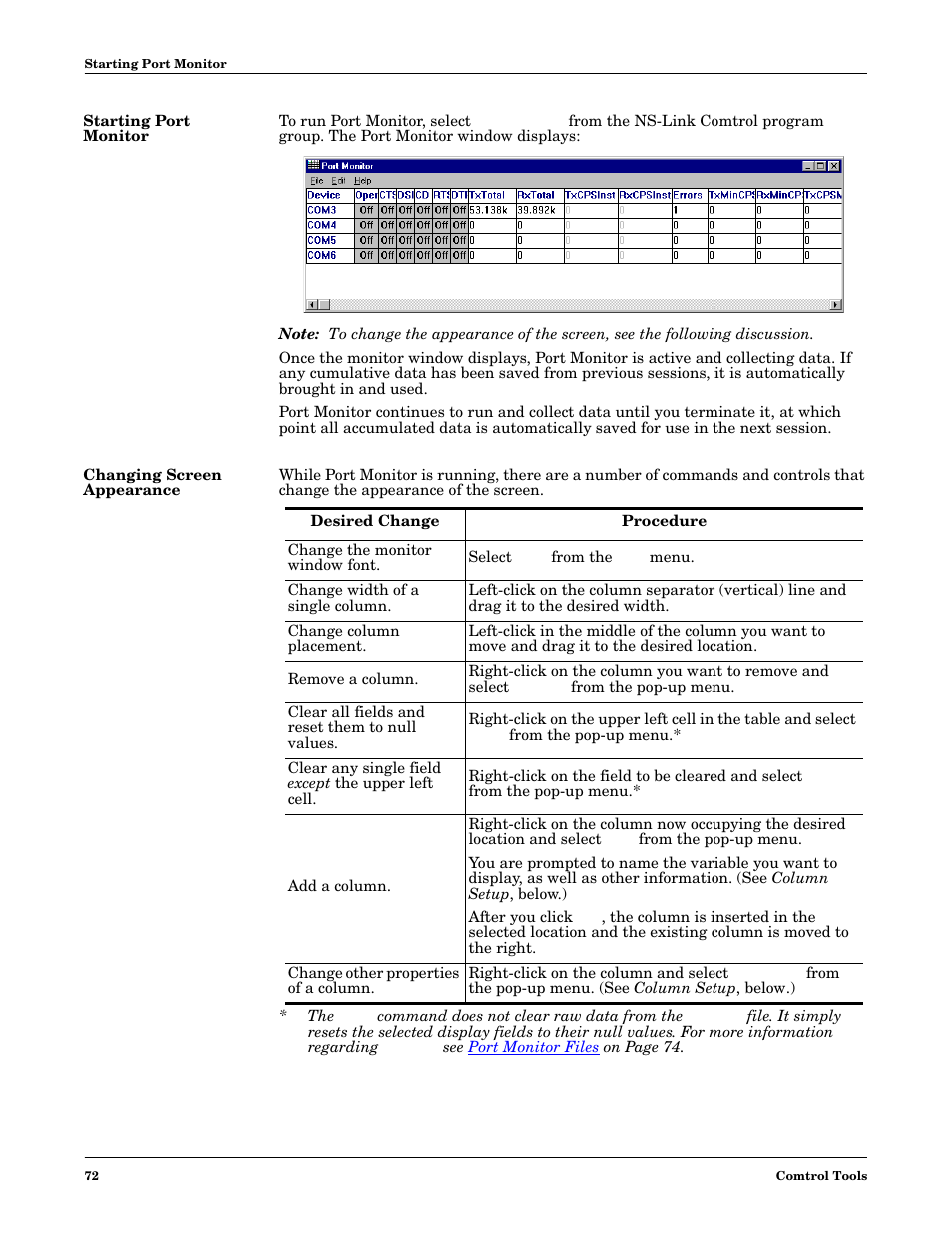 Starting port monitor, Changing screen appearance, Starting port monitor changing screen appearance | Comtrol NS-link Windows NT User Manual | Page 72 / 100