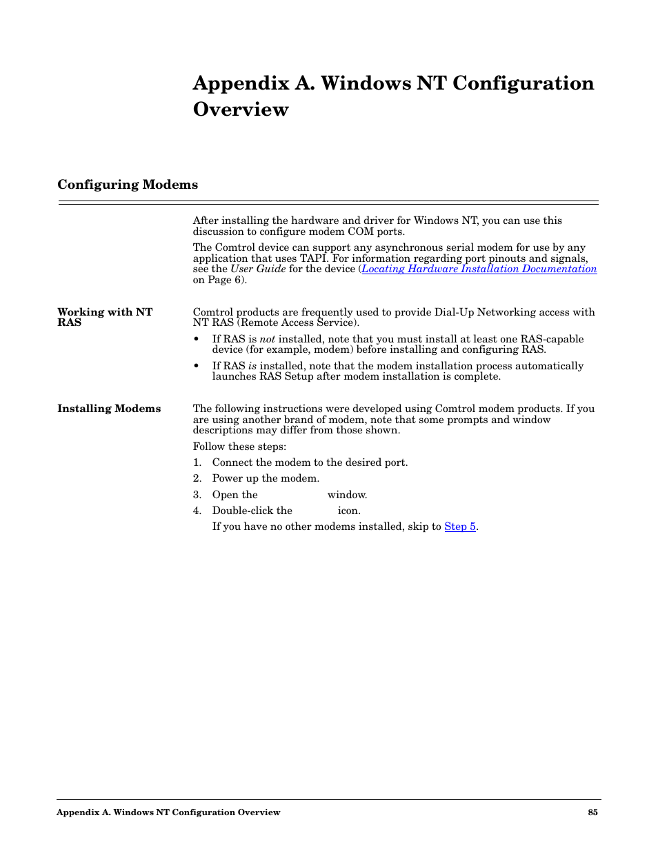 Appendix a. windows nt configuration overview, Configuring modems, Working with nt ras | Installing modems, Working with nt ras installing modems | Comtrol NS-link Windows NT User Manual | Page 85 / 100