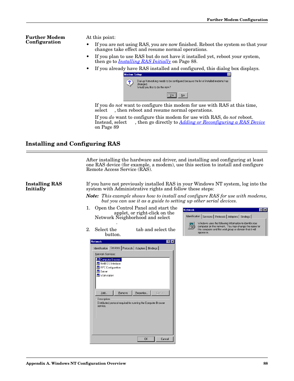 Further modem configuration, Installing and configuring ras, Installing ras initially | Comtrol NS-link Windows NT User Manual | Page 88 / 100