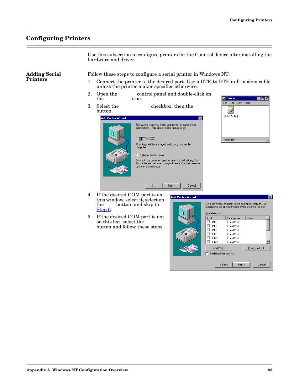 Configuring printers, Adding serial printers | Comtrol NS-link Windows NT User Manual | Page 93 / 100