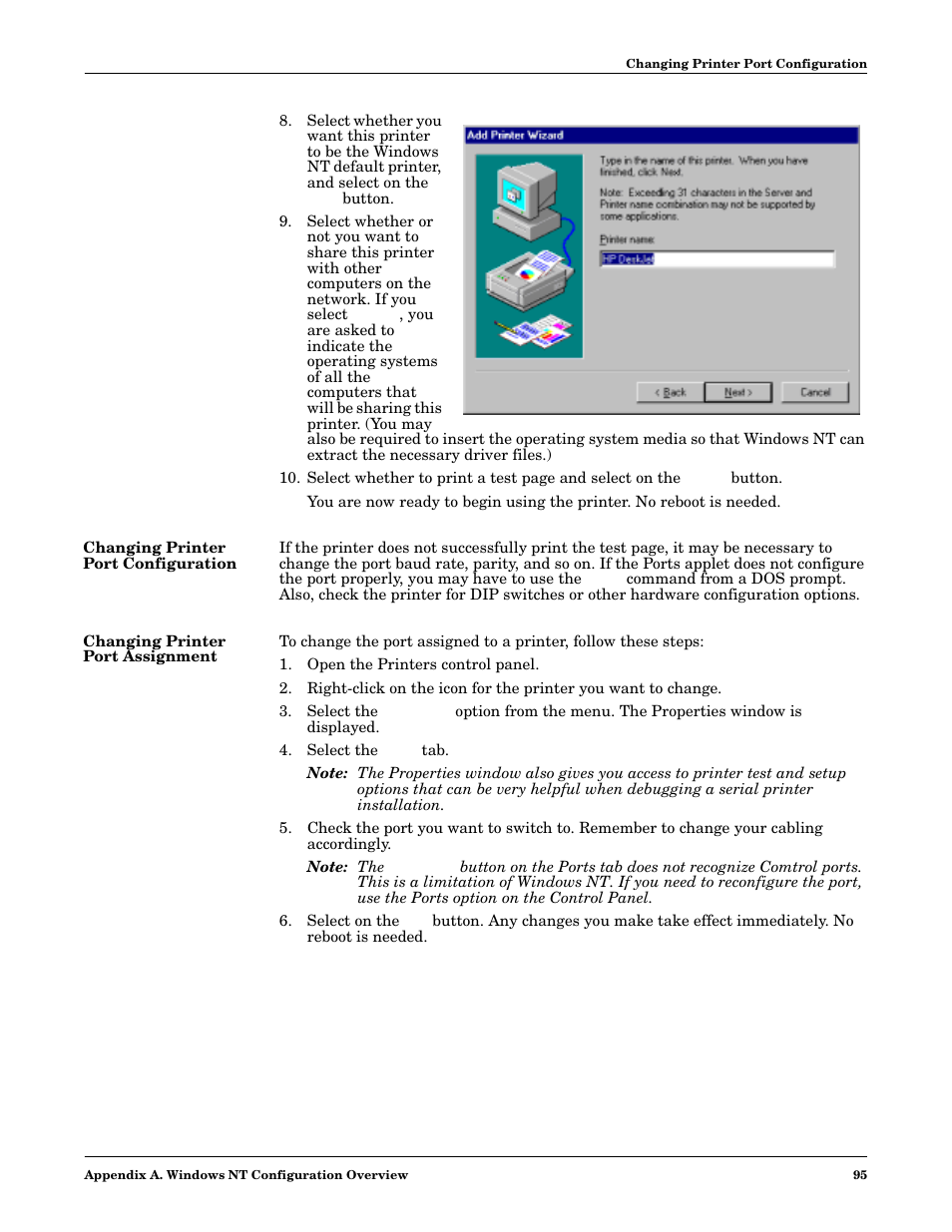 Changing printer port configuration, Changing printer port assignment | Comtrol NS-link Windows NT User Manual | Page 95 / 100