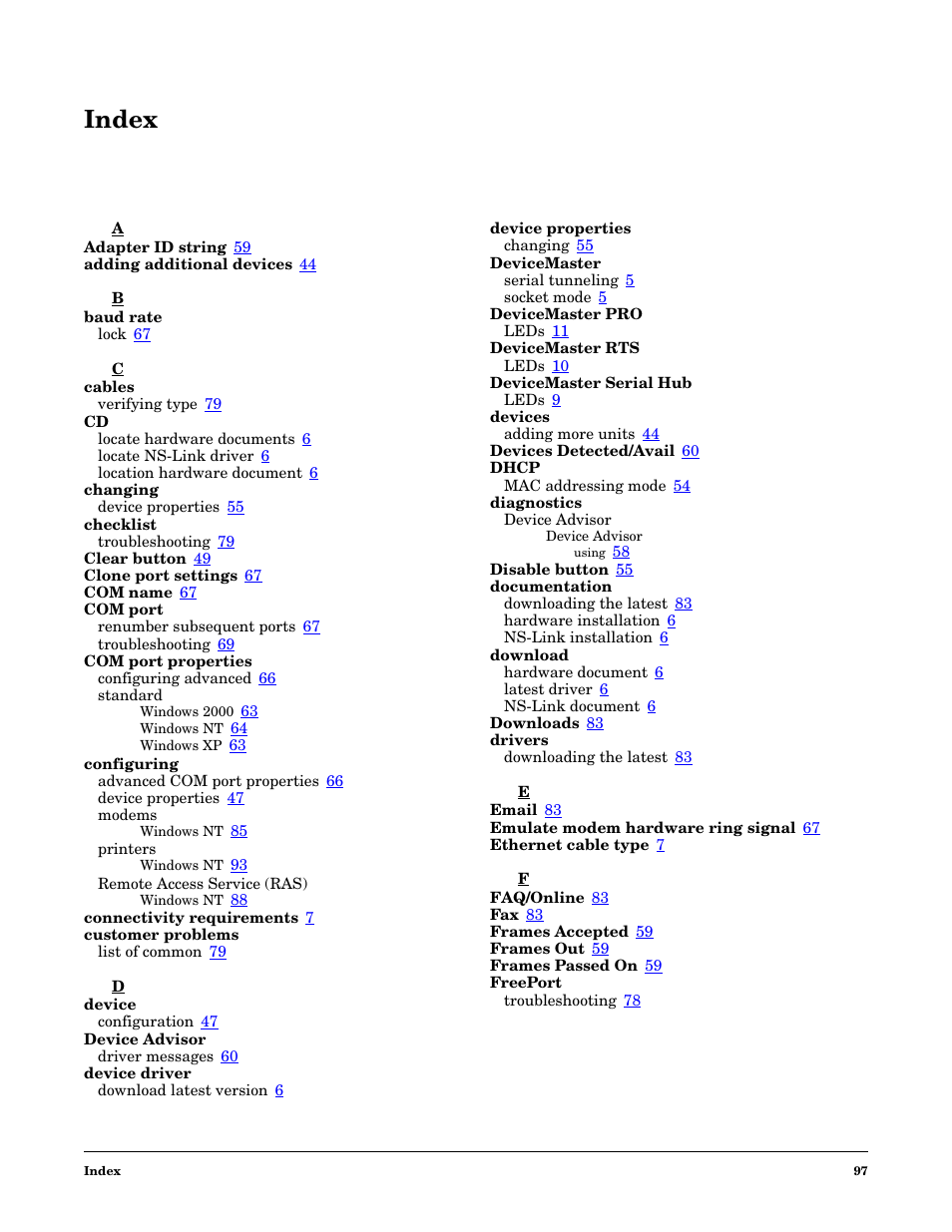 Index | Comtrol NS-link Windows NT User Manual | Page 97 / 100