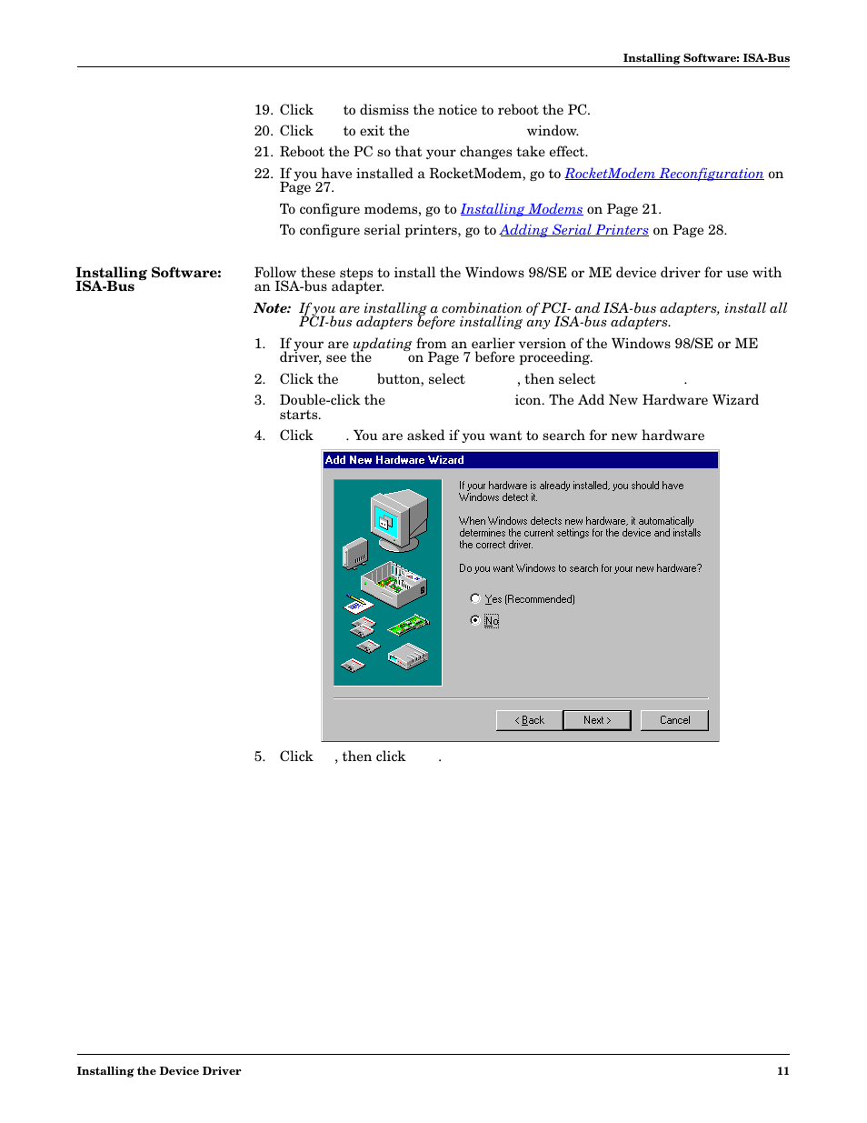Installing software: isa-bus | Comtrol Multiport Modems  Windows 98 User Manual | Page 11 / 55